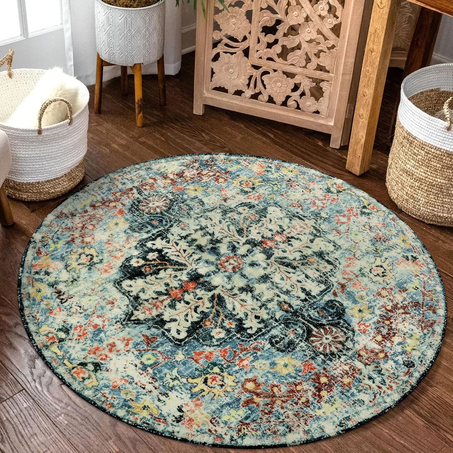 Lahome Bohemian Floral Medallion Round Rug - 3Ft Small Bedroom Round Area Rug Soft Bathroom Circle Mat, Teal Vintage Non Slip Machine Washable Entryway Carpet for Nursery Kitchen Family Room