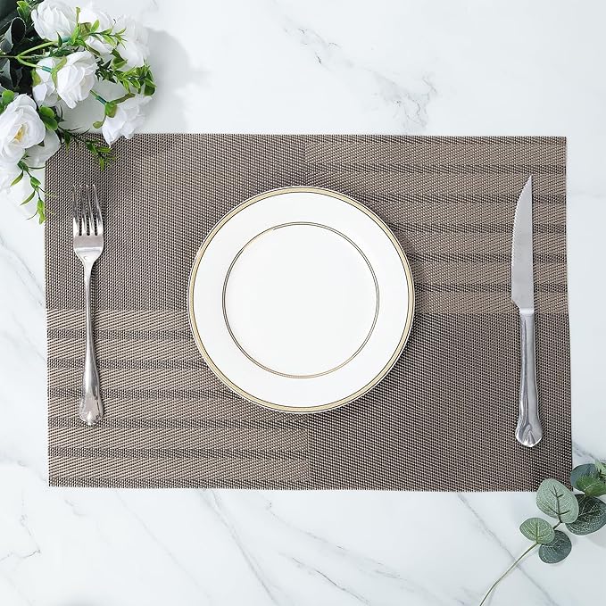 fanquare Vinyl Woven Placemats Set of 6 Classic Stylish Brown Patchwork Striped PVC Placemat for Dining Table Washable Non-Slip Waterproof Table Mats