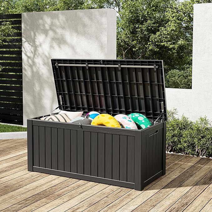Outdoor Storage Box, 120 Gallon Deck Box, Resin Waterproof Outside Storage Bench, Outdoor Storage Cabinet With Lockable Lid, Backyard Deck Box For Garden Tools, Patio Cushions, Pool Accessories