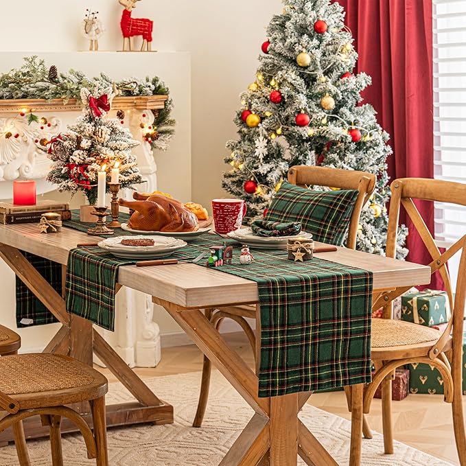 Green Yellow Plaid Christmas Table Runner, Winter Holiday Table Runners 72 inches Long Xmas Decorations Indoor Outdoor Farmhouse Home Kitchen Dining Party Decor