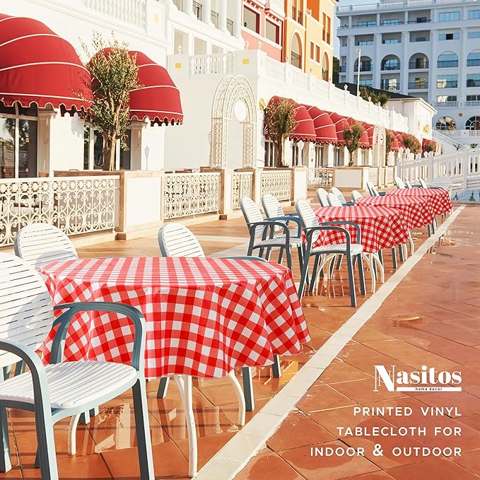 Nasitos Red and White Checkered Tablecloth 60 Inch Round for Christmas, Vinyl Tablecloth with Flannel Backing for Picnic, Round Dining Table, Outdoor Travel, 2 Pack