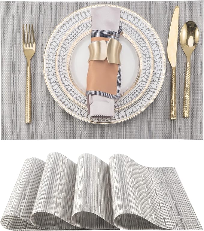 SLKQG Sliver Placemats Set of 4 - Easy Clean Modern Durable Washable Vinyl Place Mats - Heat Resistant Placemats for Kitchen Table - PVC Table Mats for Dining Table (Sliver, 4)