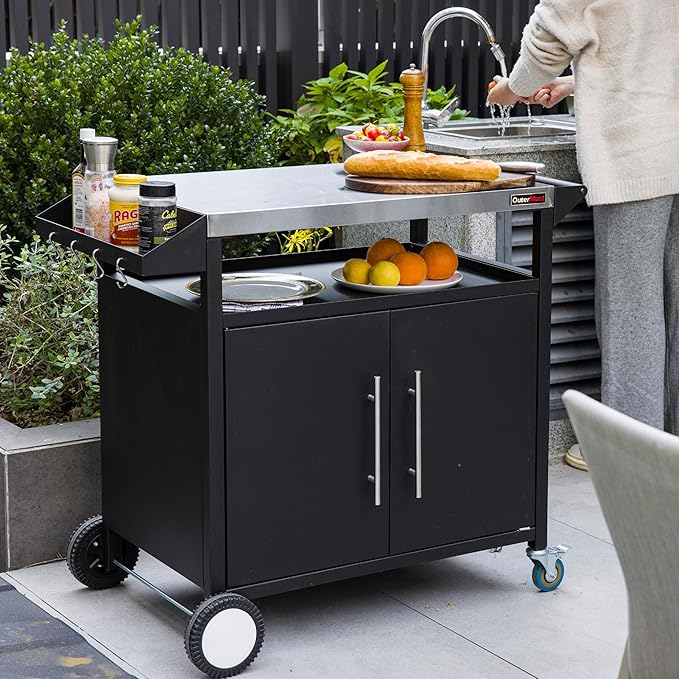 Grill Table Outdoor Kitchen Cabinet, Moveable Outdoor Prep Table & Bar for Storage, Grilling and Pizza Oven, Multifunctional Silver & Black