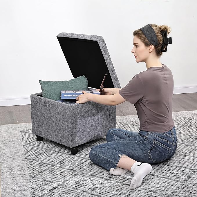Homebeez Multifunctional Space-Saving Linen Storage Ottoman with 360° Rolling Wheels, 17.7" Square Tufted Cube Footstool with Hinged Lid, Holds 300 lbs, for Living Room, Bedroom, Entryway, Grey