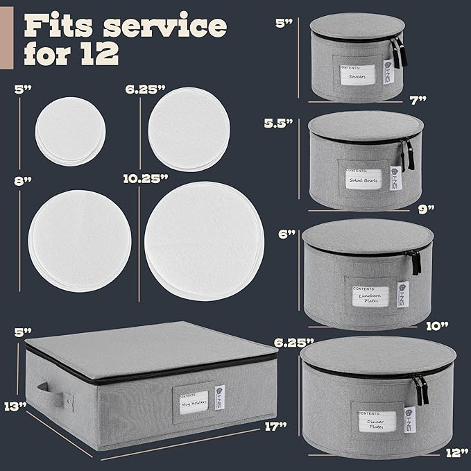 China Storage Hard Shell Containers 5-Piece Set Moving Boxes for Dinnerware, Glasses, Plates, Mugs and Saucers Sturdy Dish Organizer with Dividers for Seasonal Storage - Service for 12 - Gray