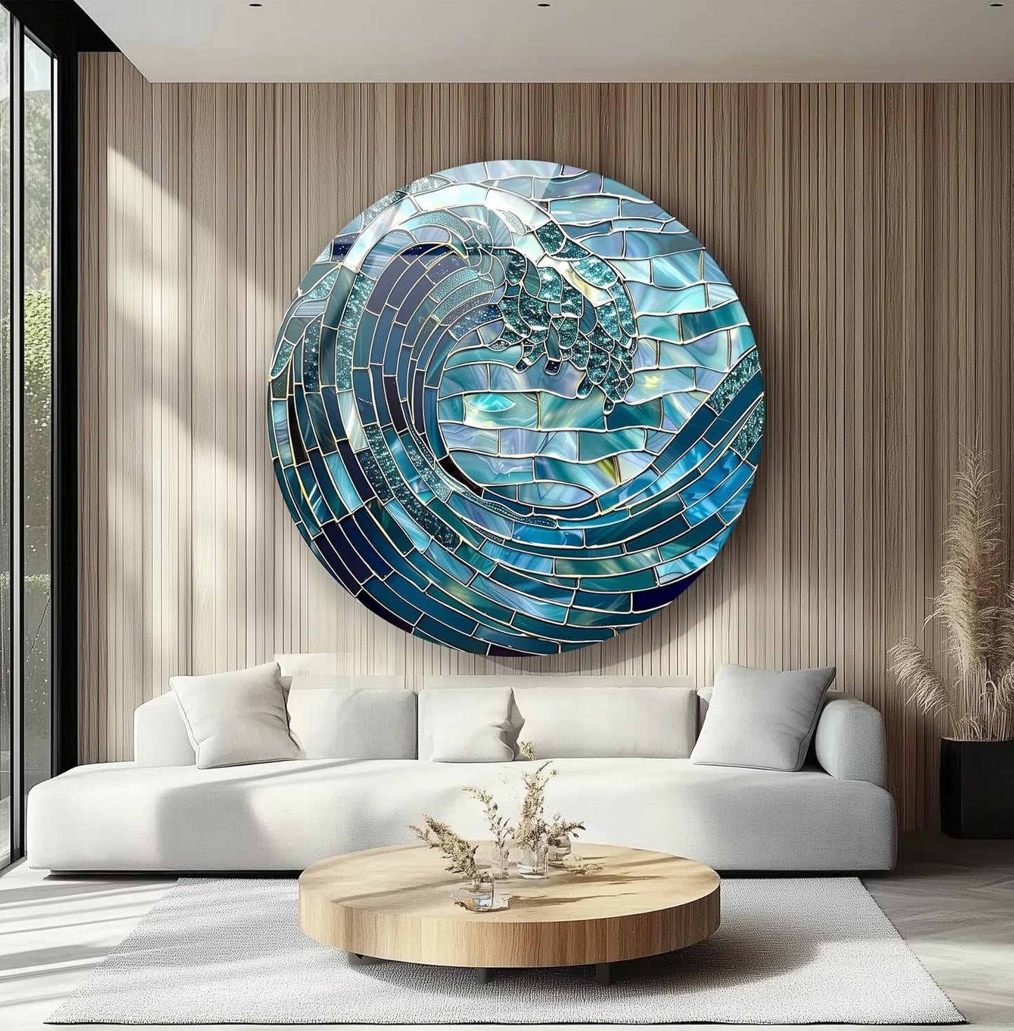 My Photostation.com 27.5''(70cm) Diameter Ocean Wave in Blue Mosaic Round Glass Wall Art Tempered Glass Printing Wall Decor Large Wall Art Wall Hangings