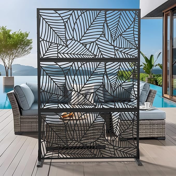 Casaphoria 72" H x 47" W Metal Outdoor Privacy Screen, Freestanding Decorative Divider for Patio, Deck, Balcony, and Garden with Stable Base, Black Leaves