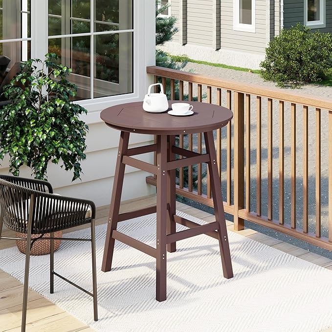 Costaelm Patio Bistro Table, 42" Counter Height Round Patio Cocktail Bar Table with Umbrella Hole, Outdoor Bistro Dining Pub Table for Front Porch Deck Backyard Garden, Dark Brown