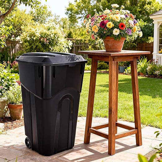 32 Gallon Wheeled Garbage Can, Attached Lid, Black