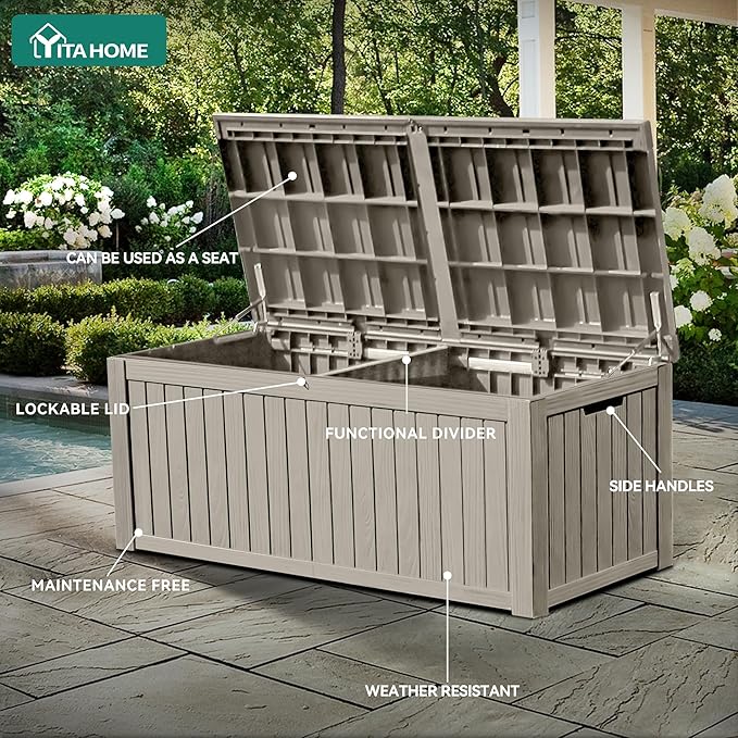 YITAHOME 150 Gallon Large Deck Box w/Divider, XL Waterproof Outdoor Storage for Patio Furniture,Outdoor Cushions, Garden Tools, Sports Equipment and Pool Supplies, Resin, Lockable, Taupe