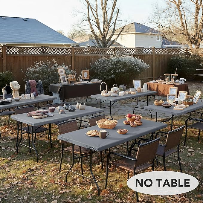LUSHVIDA 6 Packs Vinyl Tablecloths with Flannel Backing for 8ft Rectangle Folding Table Cloths - Waterproof Plastic Picnic Table Covers with Elastic Corners, 30x96 inch, Light Gray