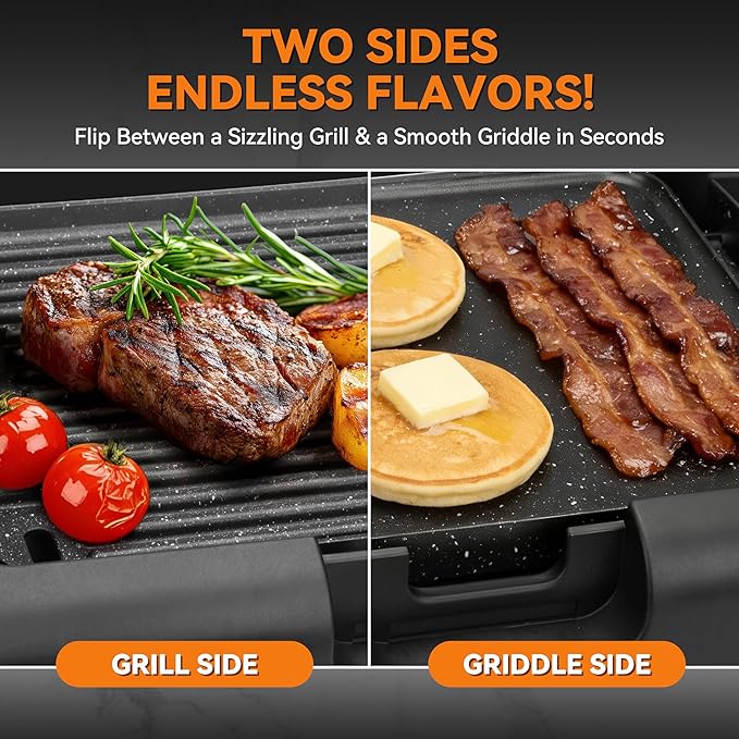 Baker’s Friend Indoor Searing Grill & Griddle, Electric Griddle with 2 in 1 Indoor Grill and Griddle Plate Indoor Grill with Removable Plate & Lid, Silicone Mold, Dishwasher Safe, Graphite
