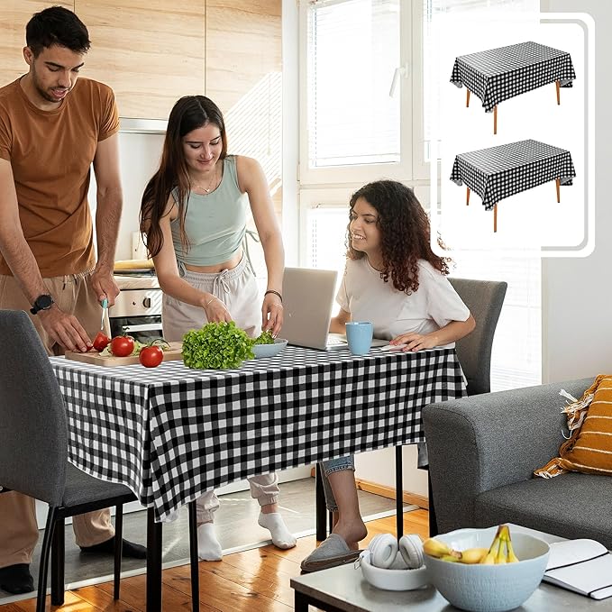 Nasitos 2 Pack Rectangle Vinyl Table Cloth with Flannel Backing 60x120 Inch-Waterproof Outdoor Picnic Tablecloth Checkered, Wipeable Plastic Black and White Table Cover for Dinner Party, Kitchen
