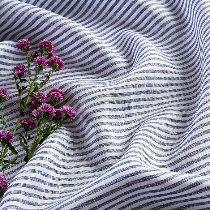 Solino Home Linen Striped Table Runner 108 Inches Long - Narrow Stripe 100% Pure Linen Navy and White Dining Table Runner 14 x 108 Inch for Spring, Easter