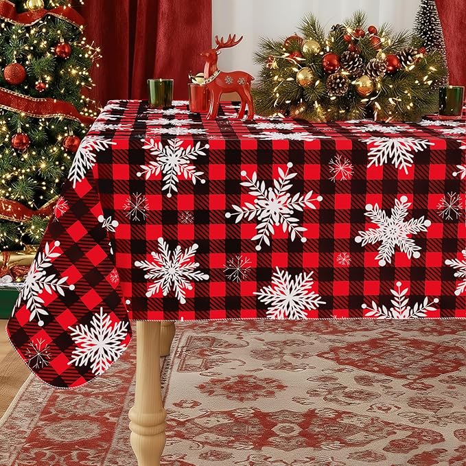 misaya Rectangle Waterproof Vinyl Table Cloth, Wipeable Tablecloth with Flannel Backing, Plastic Table Cover for Dinner, Christmas Party (Red & Black, 60" x 102")
