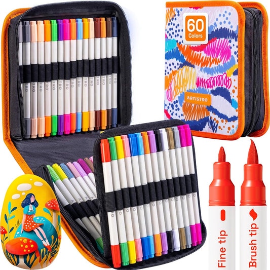 ARTISTRO 60 Dual Tip Brush + Fine Acrylic Paint Markers - Easy for All Ages & Levels Paint Pens for Fabric, Rock, Glass, DIY - Halloween Pumpkin Painting Kit, Art Supplies, Christmas Gift
