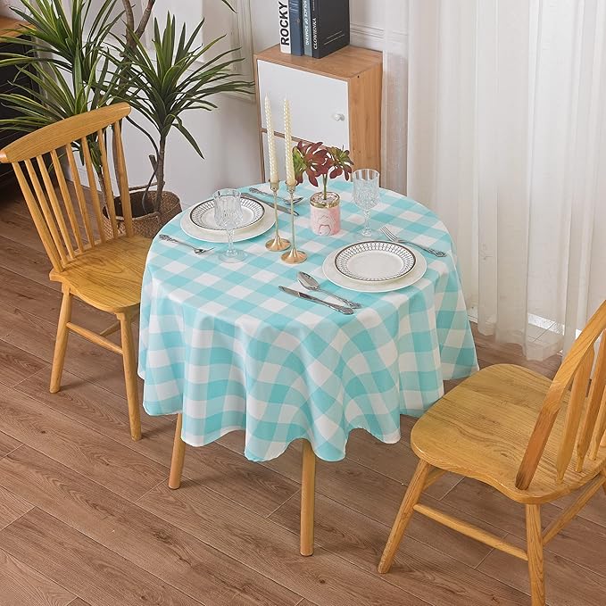 Cupuamon 2 Pack Waterproof Polyester Fabic Round Checkered Tablecloth，60 Outdoor Table Cloth，Oil Stain Prevention Table Cloth for Pinics and Parties（Aqua and White）
