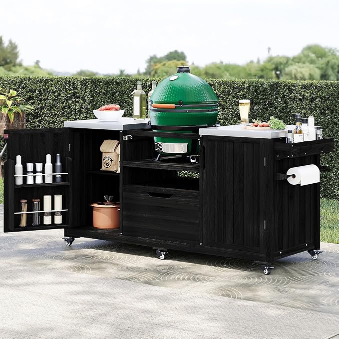 Merax 66.5" Outdoor Grill Table for Big Green Egg, Farmhouse Kitchen Island on Wheels with Stainless Steel Tabletop, Drawer and Spice Rack, Solid Wood Outdoor Storage Cabinet for Backyard, Black