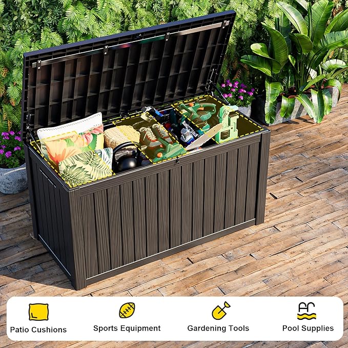 150 GallonOutdoor Storage Box,Resin Deck Boxes Waterproof, IndoorOutdoor Bin for Package Delivery, Patio Cushions, Gardening Tools, Lockable, UV Resistant