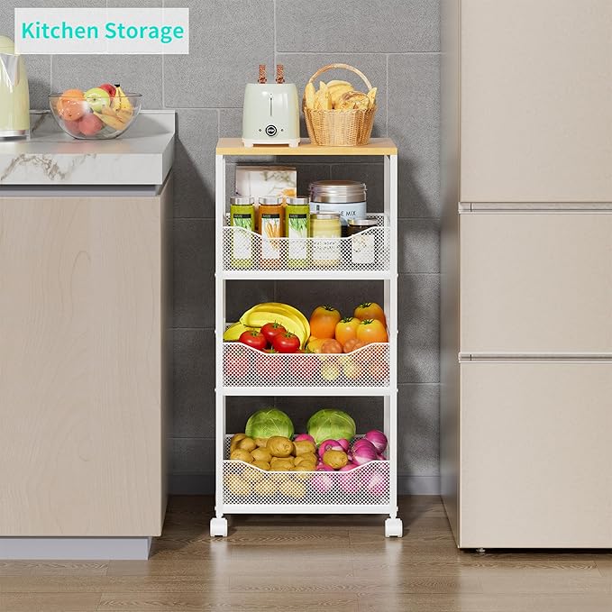 HapiRm Fruit Basket Kitchen Cart - 4-Tier Rolling Storage Cart with Wheels, Wood Top Utility Pantry Cart for Vegetables, Potatoes, Onions, Bread, Snacks
