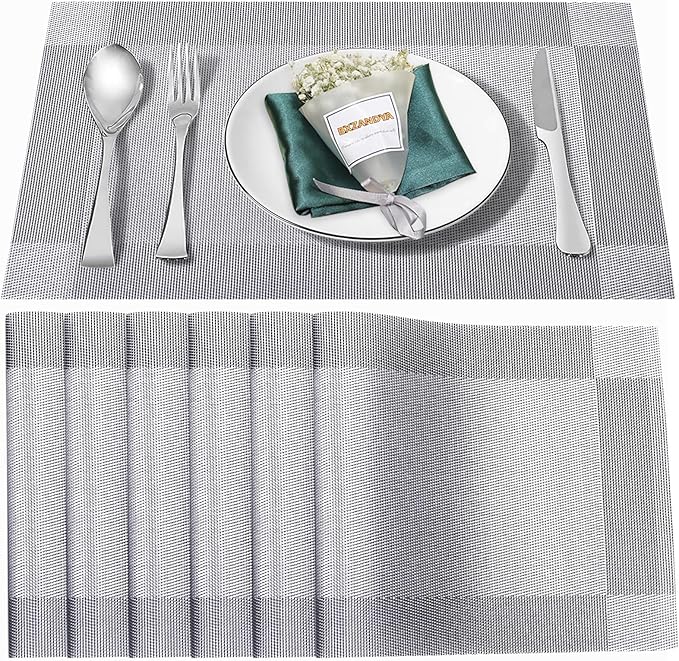 Placemats Set of 6,Washable,Heat and Stain Resistant Indoor/Outdoor Place mats,Vinyl Woven Non Slip Table Mats for Restaurant Table Protection,PVC Placemats(Silver, 6PCS)
