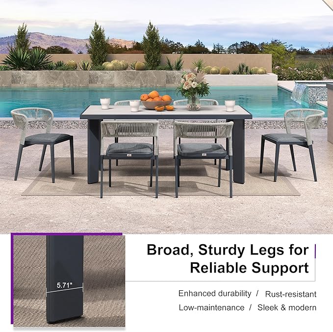 PURPLE LEAF 7 Pieces Outdoor Dining Set Patio Table and Chairs Set Aluminum Wicker Rattan Patio Furniture Set for Lawn Garden Porch Beige Marble Color Outdoor Set