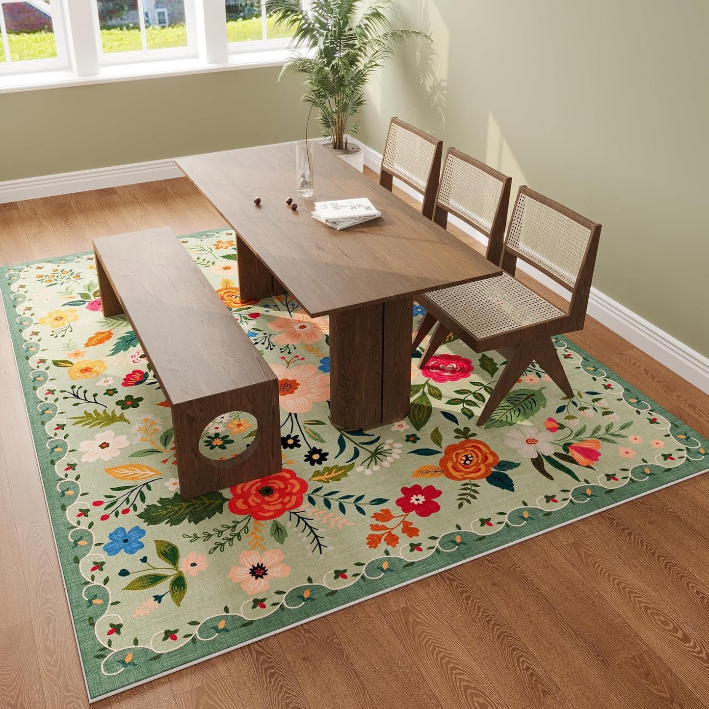 Rugcomf Living Room Rug 6x9 Rug Machine Washable Boho Area Rug Non Slip Floral Vintage Low Pile Large Rug for Living Room, Bedroom, Farmhouse, Dining Room, Kids Playroom(Green)