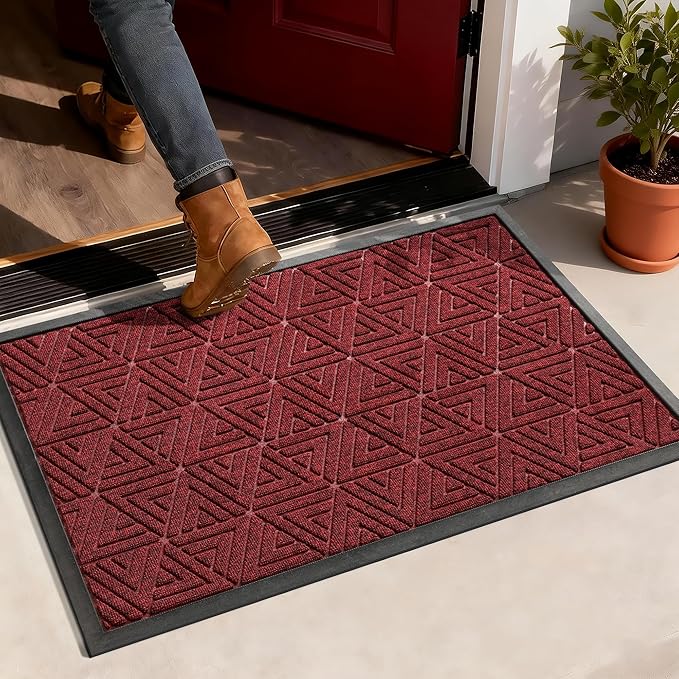 Yimobra Outdoor Mats for Front Door 29.5x17, Stops Mud & Dirt at Entrance, Fits Garage & Patio, All-Weather Waterproof Non Slip Outdoor Indoor Welcome Mat, Black Red