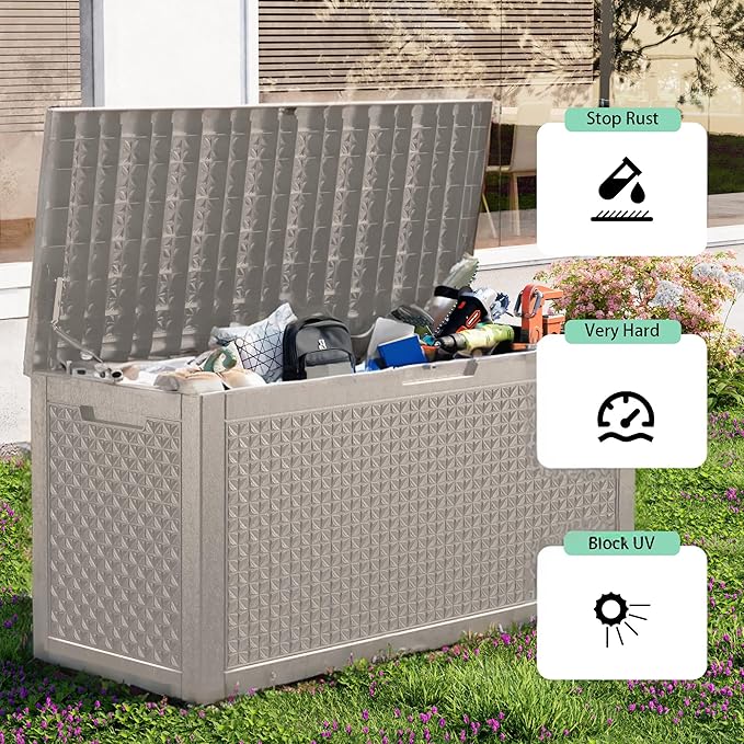 New 100 Gallon Outdoor Storage Box – Resin Deck Box with Lockable Lid, Waterproof Patio Furniture Storage for Tools, Garden & Yard Organization (Grey)