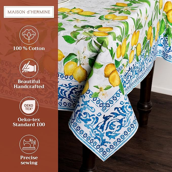 Maison d' Hermine Table Cloth Rectangle Table 100% Cotton 60 x 90 Inches Tablecloth Reusable Decorative Everyday Use for Dining Room, Farmhouse, Home, Party, Festive & Wedding Spring Summer - Cedrat