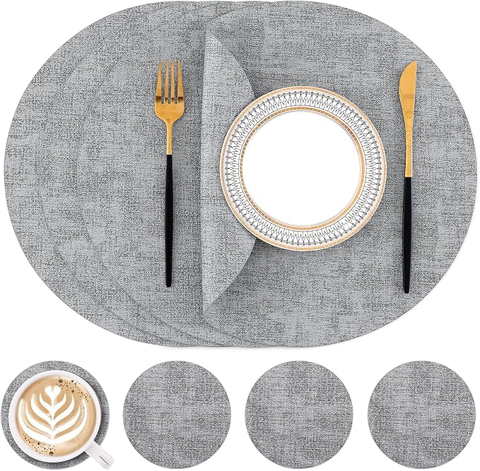 Homaxy Round Faux Leather Placemats and Coasters, Washable Dual-Side Table Mats, Wipeable Heat-Resistant Dining Place Mats for Outdoor and Indoor, Set of 4, Diameter 13 and 3.93 inch, Light Grey