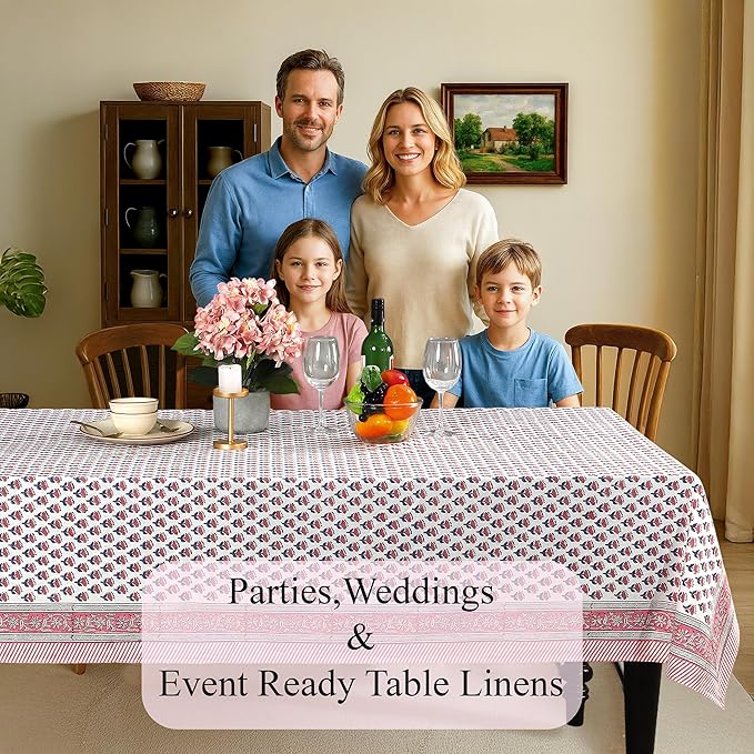 CPC Tablecloth 100% Cotton 70x108 Inch Indian Block Print Rectangle Table Cover, Pink Table Cloth for Weddings, Spring/Summer, Barbeque - Pink Sapphire