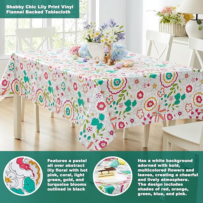 Newbridge Shabby Chic Lily Print 60 x 84 Inch Rectangle Vinyl Flannel Backed Tablecloth, Pink Yellow and Green Lily Indoor and Outdoor Waterproof Vinyl Table Cover for Spring Holiday Party