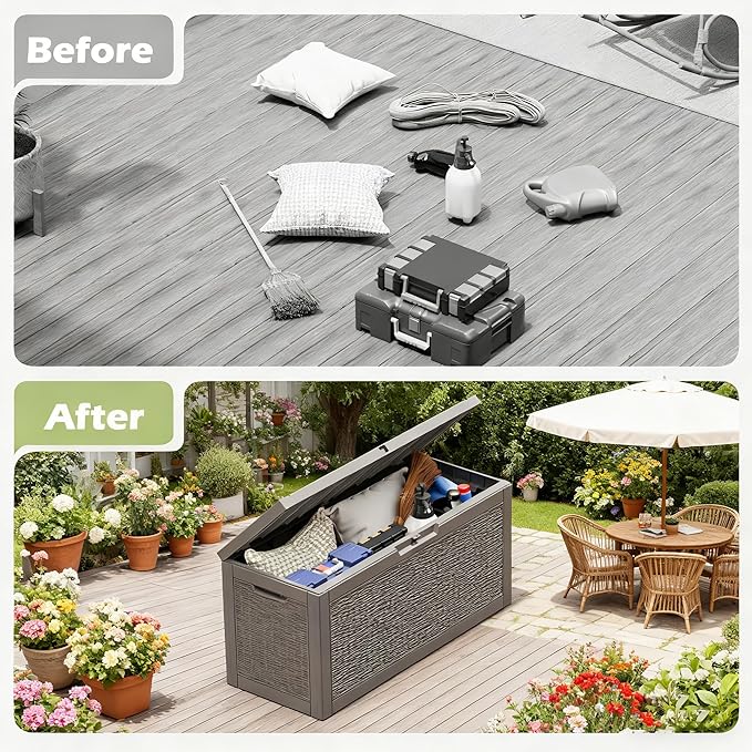 60 Gallon Outdoor Storage Deck Box Waterproof,Large Resin Storage Container for Outside,Patio Accessories for Outsid,Backyard Delivery Boxes,Lockable Lid,Rattan Gray