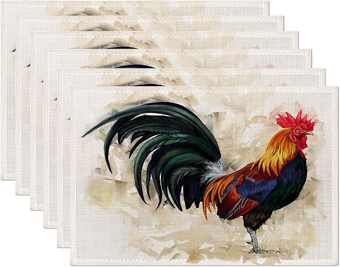Hand-Painted Rooster Art Placemats Set of 6,Waterproof Non-Slip Washable Table Mats Set for Kitchen Dining Holiday Party Wedding Decor 12x18 Inch