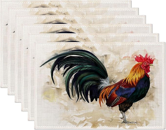 Hand-Painted Rooster Art Placemats Set of 6,Waterproof Non-Slip Washable Table Mats Set for Kitchen Dining Holiday Party Wedding Decor 12x18 Inch