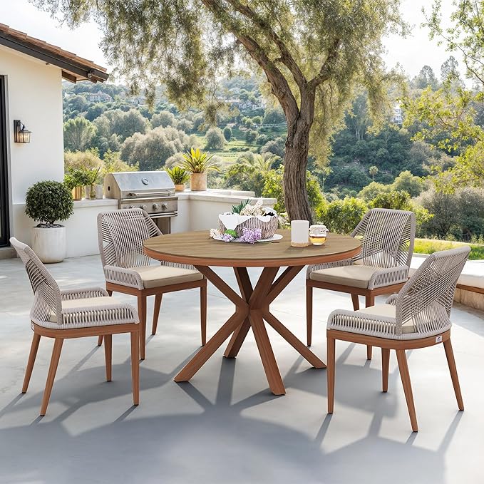 PURPLE LEAF 5 Pieces Round Dining Set Patio Aluminum Modern Oversize Round Table and Wicker Chairs with Cushions for Kitchen Porch Garden Outdoor Furniture Sets