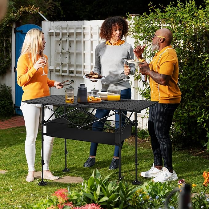 ALPHA CAMP Portable Camping Table, Adjustable Aluminum Folding Table for Picnic, BBQ, Outdoor, Black, 21.65D x 33.07W x 26.77H in