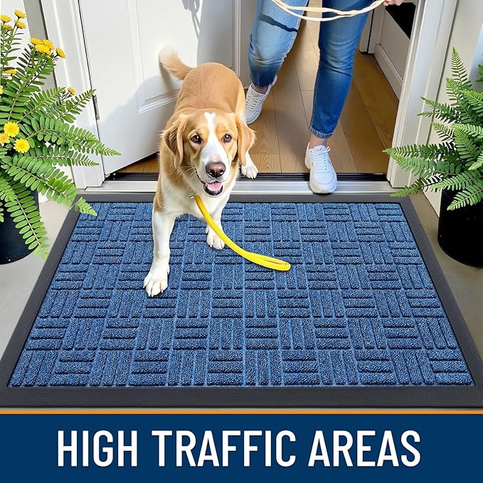 OLANLY Front Door Mat Outside Entrance 35x23, Absorbent, Heavy Duty Sturdy Natural Rubber Doormat Indoor Outdoor, Non-Slip, Stain and Fade Resistant, Low Profile Floor Mat for Entryway, Ocean Blue