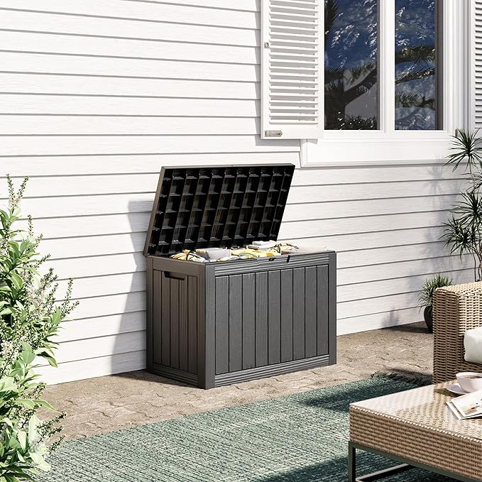 45 Gallon Outdoor Storage Deck Box Waterproof,Garden Tool,Backyard Cushion,Poolside Storage,Small Delivery Boxes for Outside,UV-Resistant & All-Weather,Wood-like Striped BLack