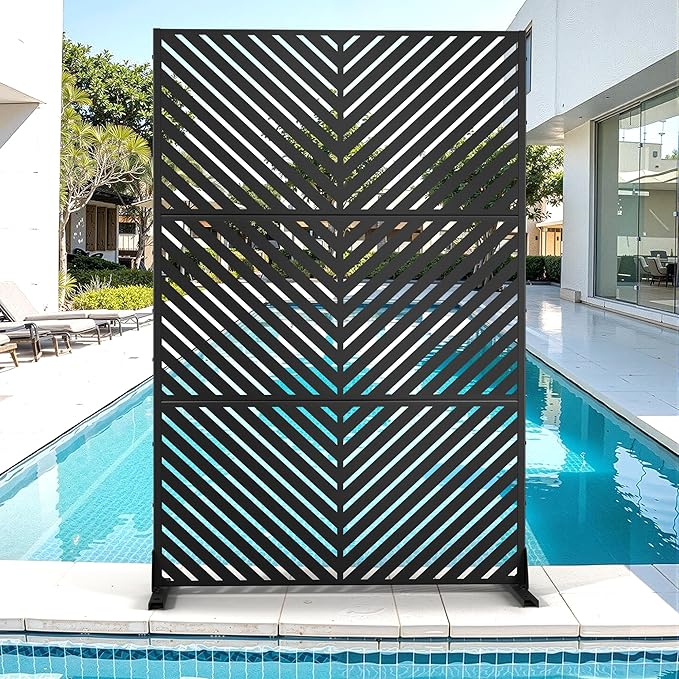 Metal Privacy Screen for Outdoor & Indoor Use, Free Standing Privacy Screen for Patio Garden Pool, 72" H x 47" W Decoative Privacy Panels, Weather Resistant, Easy Assembly (Black Parallel Line)