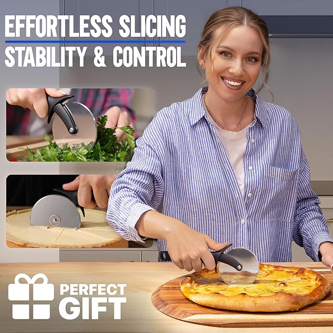 KitchenStar Pizza Cutter Wheel - 304 Stainless Steel Slicer Knife with Super Sharp Blade, Anti-Wobble Axle Mechanism, Ergonomic Non-Slip Handle & Protective Cover, Dishwasher Safe