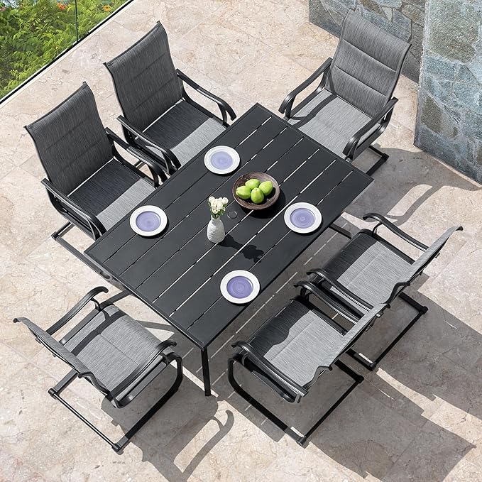 NUU GARDEN Outdoor 61" x 37" Rectangle Dining Table with 1.57" Umbrella Hole, 6-Person Steel Slat Outdoor Patio Table, for Patio, Garden, Backyard and Balcony, Black