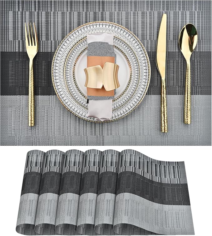 SLKQG Placemats Set of 6 - Easy Clean Washable Vinyl Placemats - Heat Resistant PVC Place Mats for Dining Table (Black and Gray, 6)