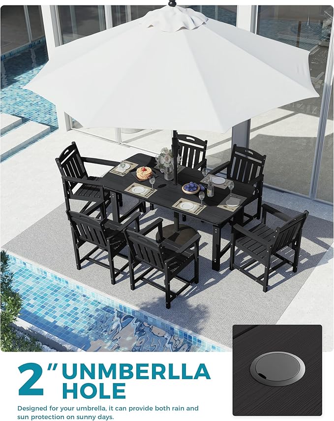 Ciokea HDPE Outdoor Dining Set, 7-Piece Patio Table and Chairs Set with Umbrella Hole, All-Weather Patio Dining Sets for 6, Durable Patio Furniture for Backyard, Garden, Lawn & Poolside, Black
