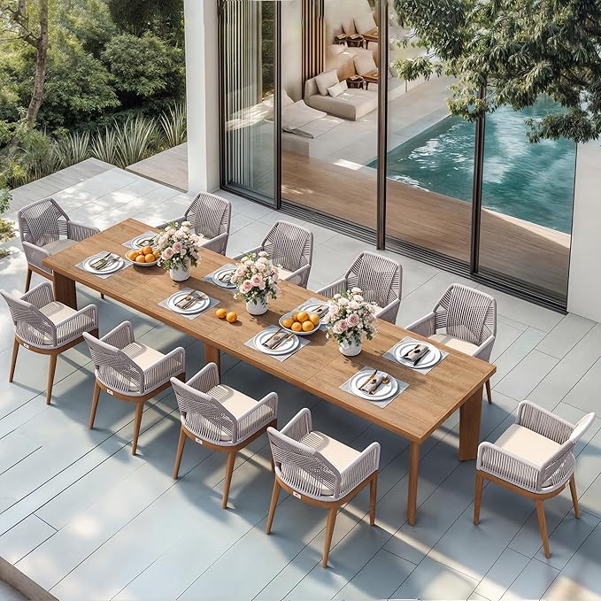 PURPLE LEAF 11 Pieces Patio Dining Set Aluminum Rectangular Table and Rattan Arm Chairs with Cushions for Kitchen Porch Garden Modern Outdoor Furniture Sets