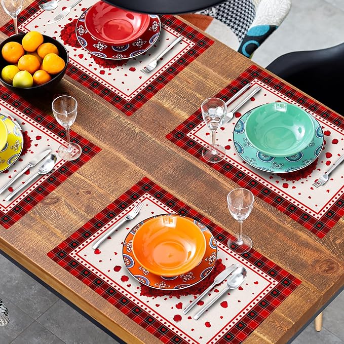 Giwawa 4PCs Valentines Day Placemats 12x18 Inch Love Hearts Rose Flower Place Mat Red Black Buffalo Plaids Non Slip Heat Resistant Table Mats for Kitchen Dining Holiday Wedding Anniversary Decor
