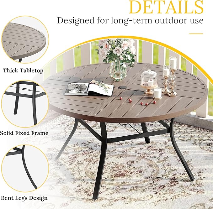 VICLLAX Round Patio Table with Adjustable Umbrella Hole for 6, All Weather Metal Outdoor Dining Table for Lawn Garden, 50" Outdoor Coffee Table, Grey Wood-Like Tabletop