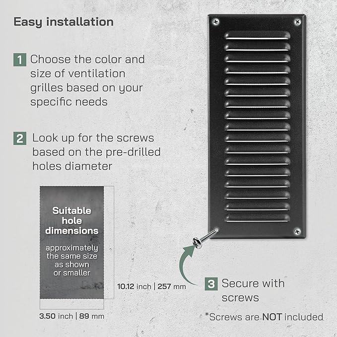 Vent Systems - 3 x 10 Inch (Inner) Black Metal Rectangular Soffit Air Vent Grille Cover, Register Vent Deflector Louver Built-in Mesh HVAC for Bathroom Home Office Kitchen 5" x 12" (Outer)