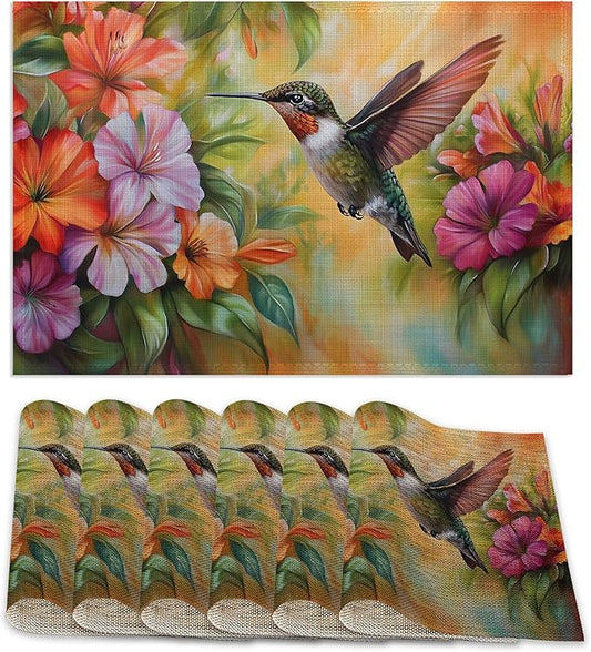 Hummingbird Placemats Set of 6,Colorful Flower Waterproof Non-Slip Washable Table Mats for Kitchen Dining Holiday Party Wedding Decor 12x18 Inch